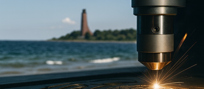 Header Bild Laserkopf mit Laboe im Hintergrund